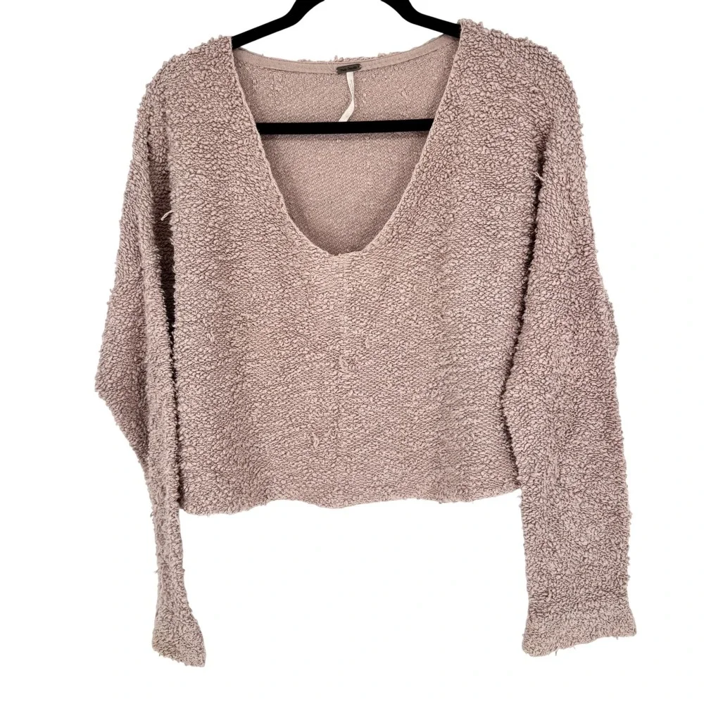 Free People Popcorn Pullover V-Neck Boxy Sweater In Mauve Pink Sz XS Boho Casual